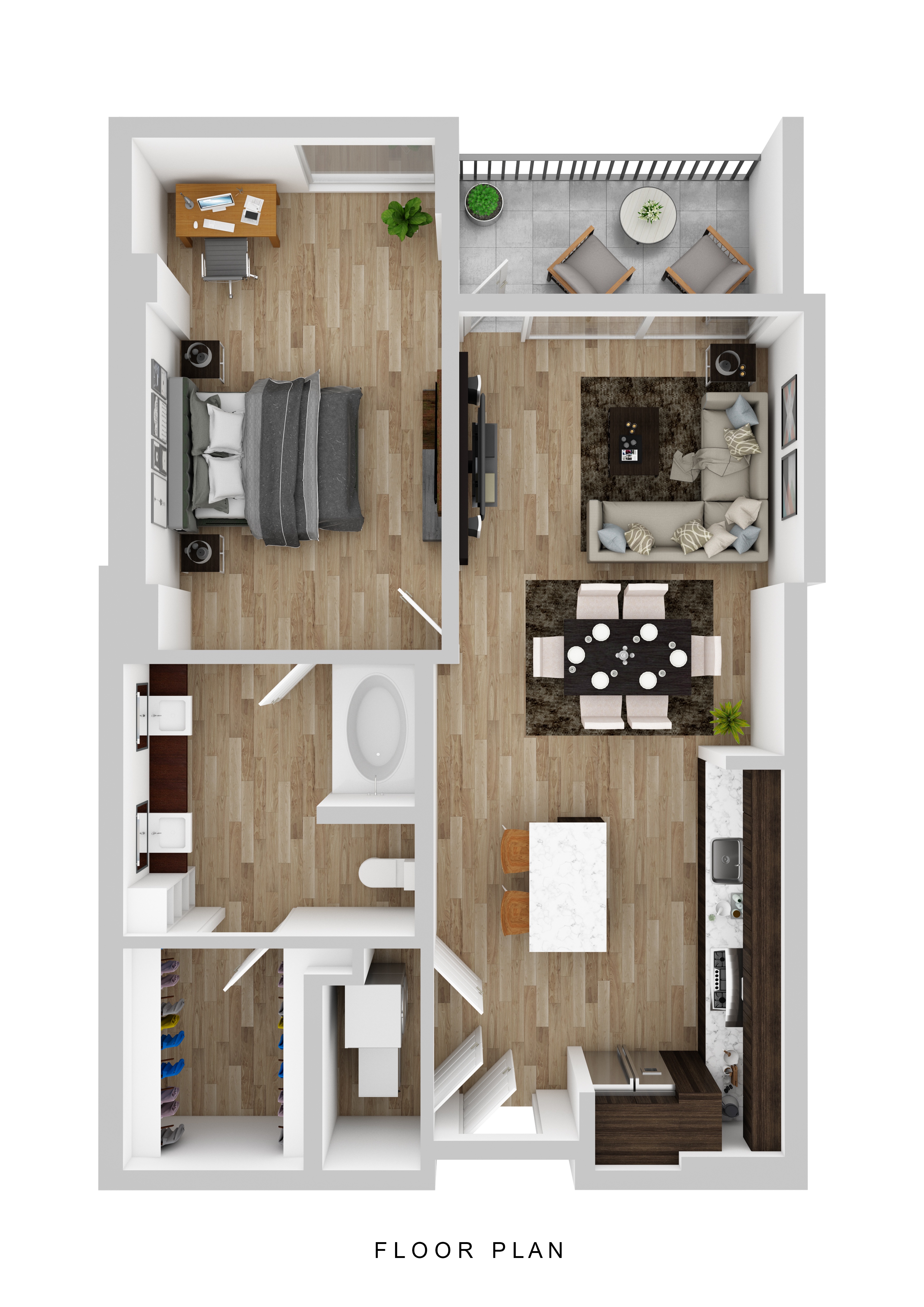 Floor plan for 1 bed, 1 bath, 872 sqft